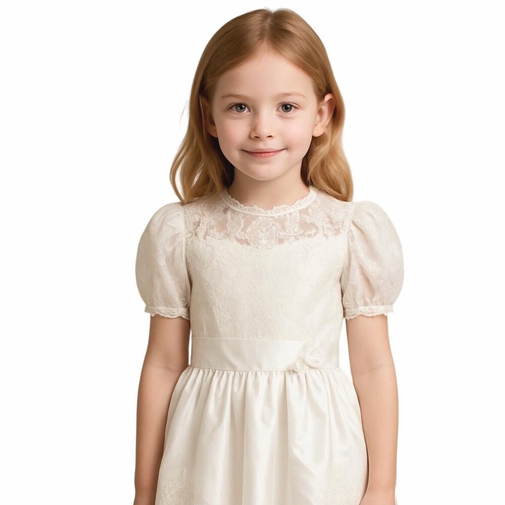 VTG White Lace Taffeta Flower Girl Communion Dress 12 Puff Sleeve Bow Nicole